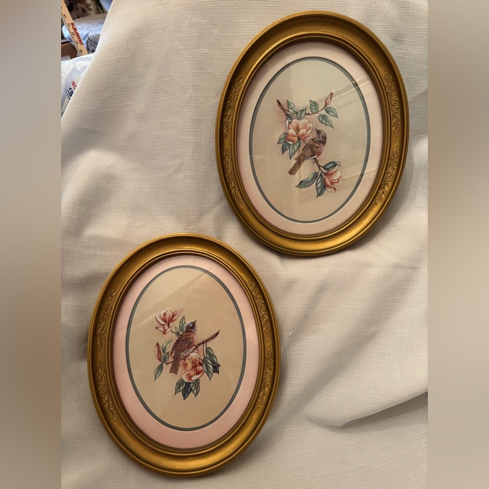 Gold Oval Framed Bird Art Set